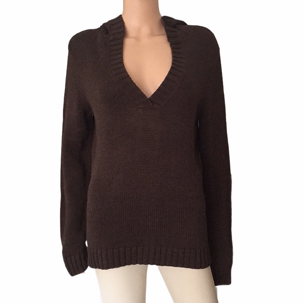 Talbots Mercerized Cotton V-Neck Hoodie, Soft Knit, Earthy Brown Essential